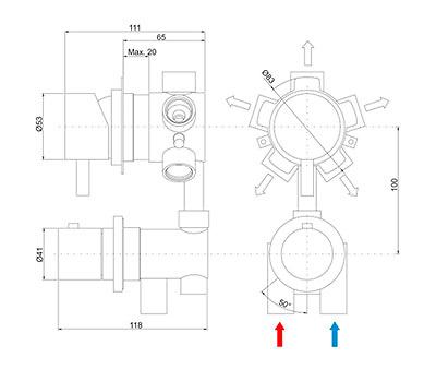 Grifo hidromasaje Plano de cotas 215 Plano cotas - Grifo para cabinas y columnas de hidromasaje desviador 5 vías.