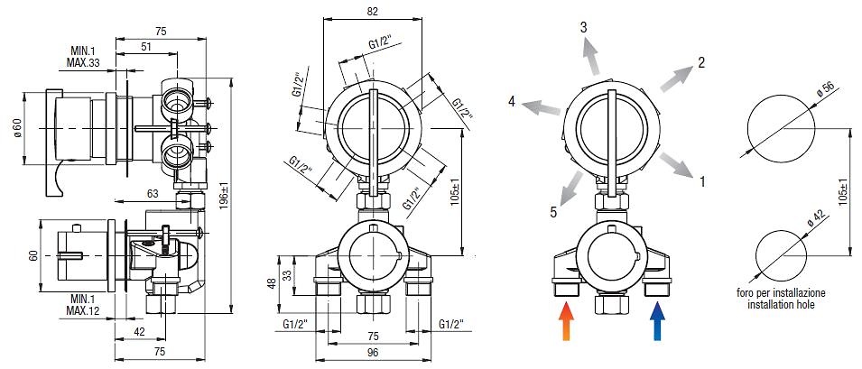 Grifo hidromasaje cotas 228 Termostática con desviador de 5 vías. ( 2 griferías individuales)