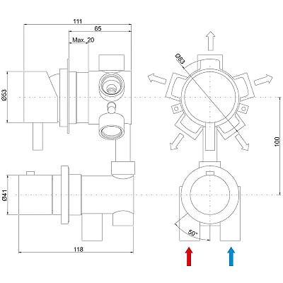 Grifo hidromasaje plano 5 vías 229 Grifo hidromasaje termostático con desviador de 5 vías Cotas Cotas desviador