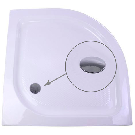 Plato de ducha semicircular para cabina de hidromasaje de 90x90. Fabricado en acrílico blanco con refuerzo de fibra de vidrio. Agujero para válvula de 60 mm. 6 patas regulables en altura con tuerca de fijación.