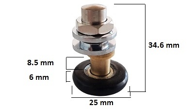 rodamiento excentrico mampara ducha cotas 137 Rodamiento metálico con rueda de Nylon excéntrico con espárrago para mamparas de cabinas Atrio entre otros. 25x6 mm Color: cromo.